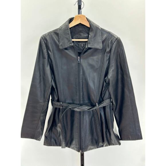 Outbrook Y2K Black Belted Leather Jacket Full Zip Sz M Dark Academia City Boy - Picture 1 of 10